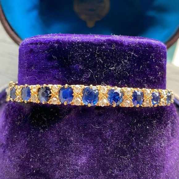 Antique Golden Cushion Cut Blue Sapphire Bracelet 925 Sterling Silver - Picture 2 of 4